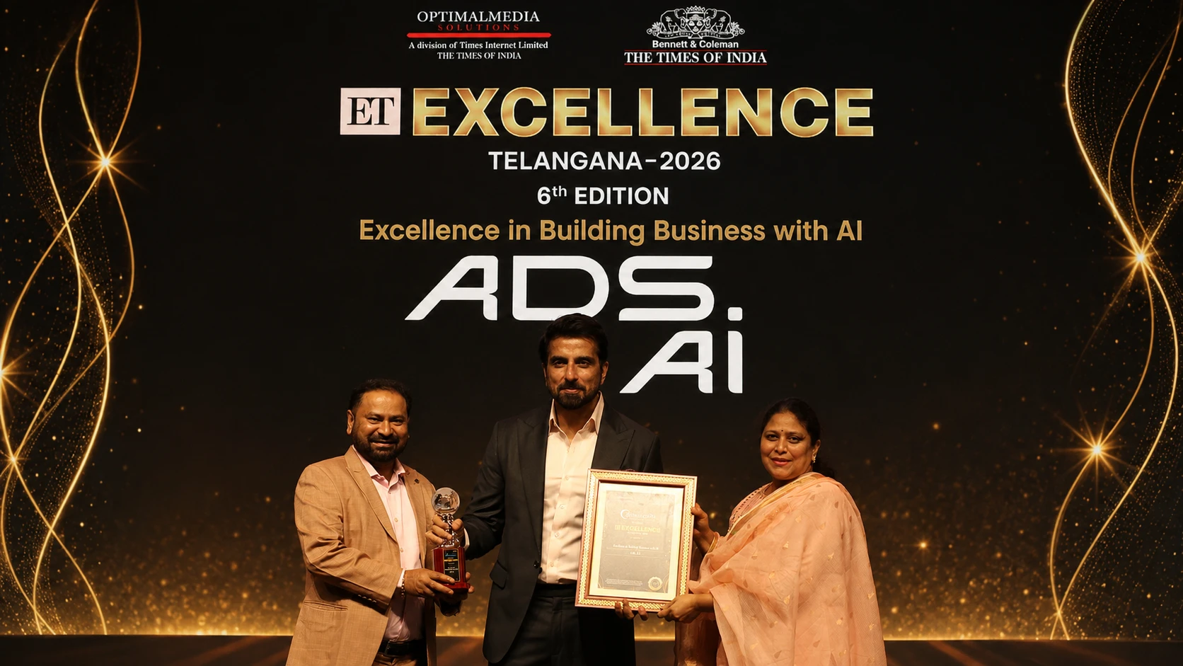 AdsAI receiving the ET Excellence Telangana 2026 award for Excellence in Building Business with AI