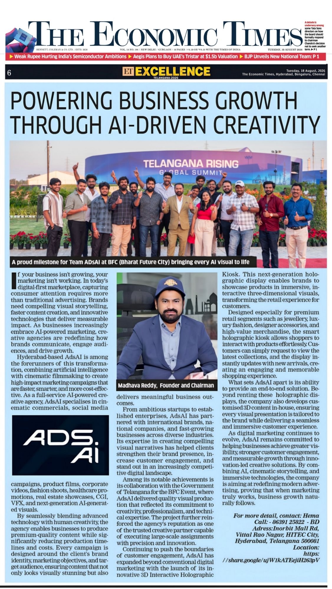 The Economic Times feature — Powering Business Growth Through AI-Driven Creativity